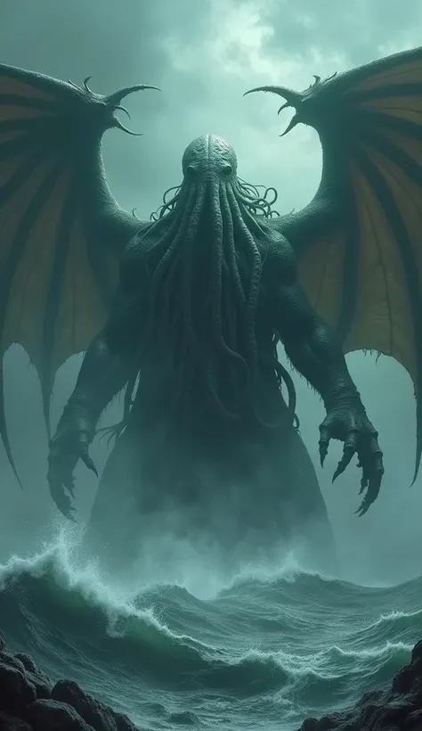 In the depths of a storm-lashed sea, a colossal figure rises from the abyss, shrouded in shadows and dread. Cthulhu, the Great Old One, looms with an otherworldly presence, his grotesque form a nightmarish blend of octopus and dragon. His vast, writhing te...