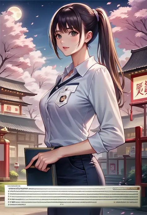  A woman with ponytail hair is wearing a t-shirt and short jeans.,  Big, Bright Full Moon  , spotlight, Japanese Cities ,  Sparkling Night View , Cherry blossoms, improve,  realistic,  Very Realistic , complicated, (  Top Quality  , masterpiece,  masterpie...