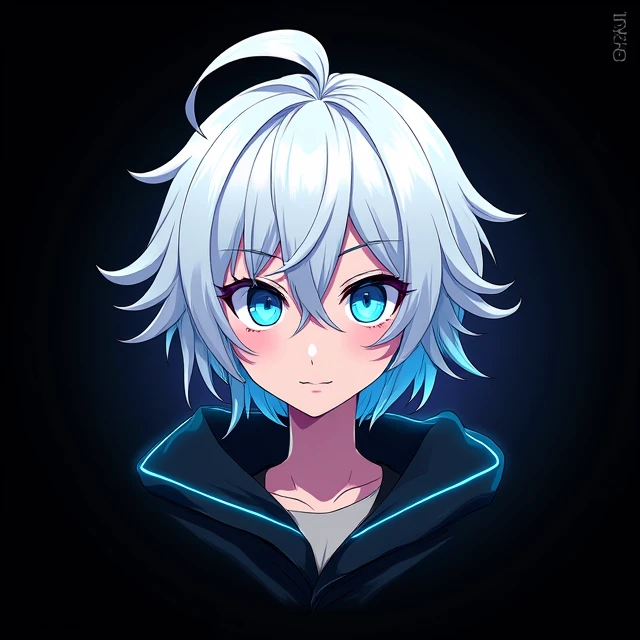  A logo with the name BLACKZINHA CHANNEL with a white-haired one with bright blue eyes, anime and black background 