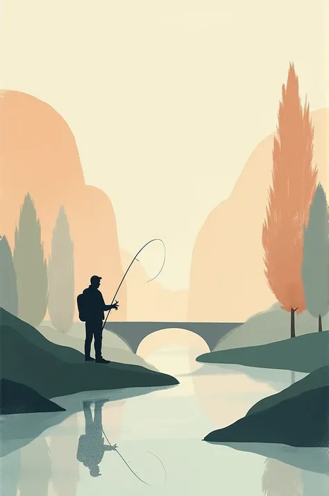 Painting composed of a flat background of minimalist colored shapes representing a man fishing at the edge of a stream near a bridge