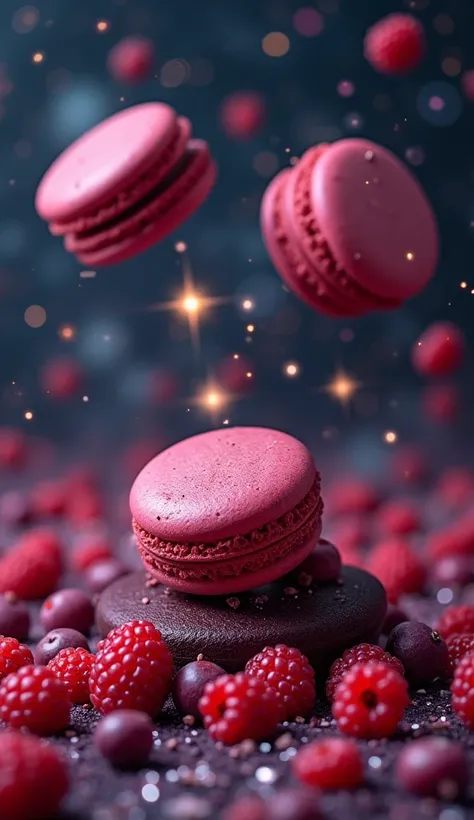 Professional photography of burgundy macarons, strawberries, blueberries and blackberries flying in the universe, twinkling stars and dreams --ar 2:3 --stylize 250 --v 6.1 --style raw