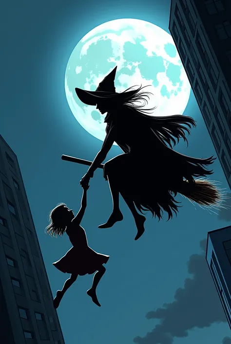  on a moonlit night ， A witch riding a broom reaches down high in the air， holding a girls hand tightly in front of her face ， does not let her fall 。 （ The background is a high-rise building ）（Cool comic style ）  