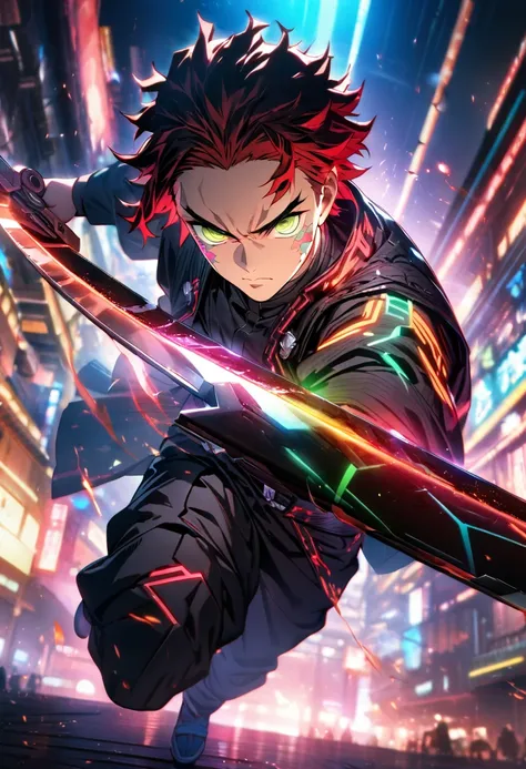 Upper half of the body, (Masterpiece, best quality: 1.2), Alone, man, Tanjiro Kamado, kimetsu no yaiba, straight Japanese sword, looking at viewer, futuristic clothing, cyberpunk, red hair tips, full body, pose fight, official art, extremely detailed CG un...