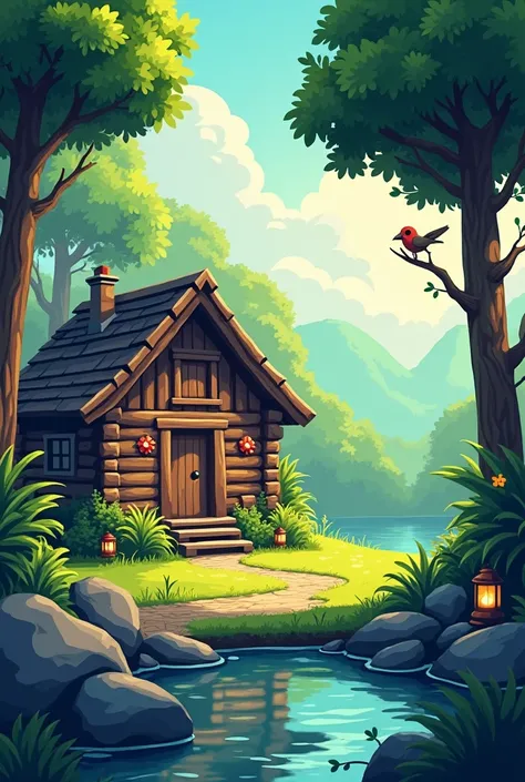 

Title: "Nature Sanctuary"

image:

 - A rustic log cabin amidst a serene forest.
 - Tall trees and green foliage around .
 - A tranquil river or lake in the background .
 - Birds flying or perched on trees .
 - Soft light from the rising or setting sun ....