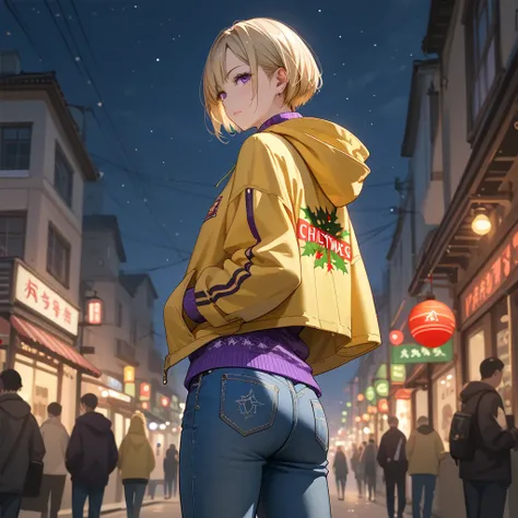 １A woman in her 30s、 very short cut hair 、 Christmas、night、Complete back view、Blonde、 Slim Body 、 yellow hooded half coat、 loose purple knit sweater、no damage jeans