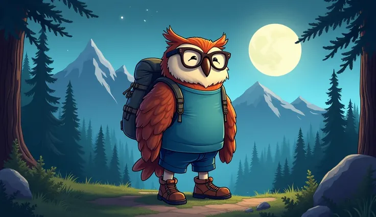 A cartoon huge enormous big wise owl standing with a cartoon  features wearing specs,navy colour shorts,blue t-shirt, boots and carrying trek bag (smiling)  the mountains  in the night time full moon in middle of the forest 