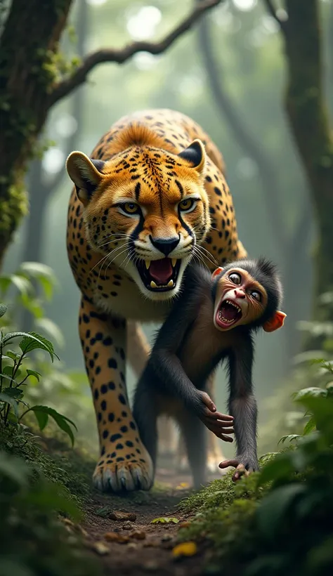 A cheetah is standing in a forest biting a monkey with its mouth Very realistic image. High Resolution, 4k.Best Quality, Super Detailed, 