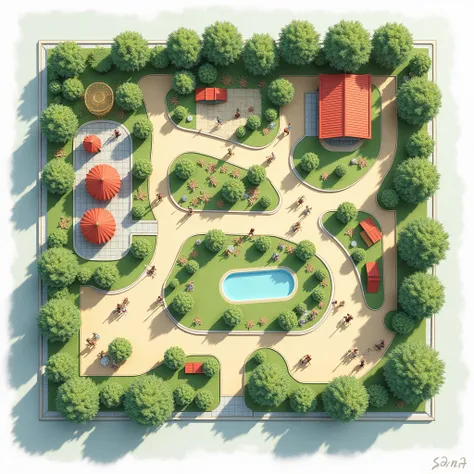 Generate the site plan of park which is primary school park and the area of site is 60 meter by 25 meter.
In the park tha space is ply gym area , circulation pathways, activity space , open theatre for sitting, sand pit for playing, mounds for playing for ...