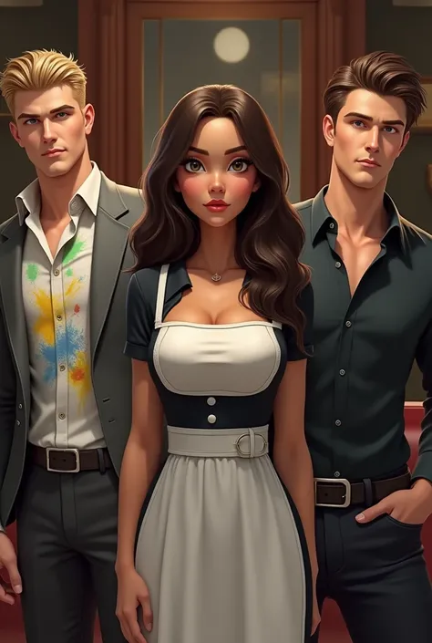 Images of the 4 realistic human-shaped character. 1. main character:  A woman with tanned skin ,  with long, slightly wavy hair ,  wearing a modern maid uniform .


2. men in the background:

 The first man has light brown hair ,  wears a simple shirt and ...