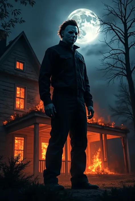 Michael Myers standing on the porch of a burning house in shades of blue and purple on a full moon night