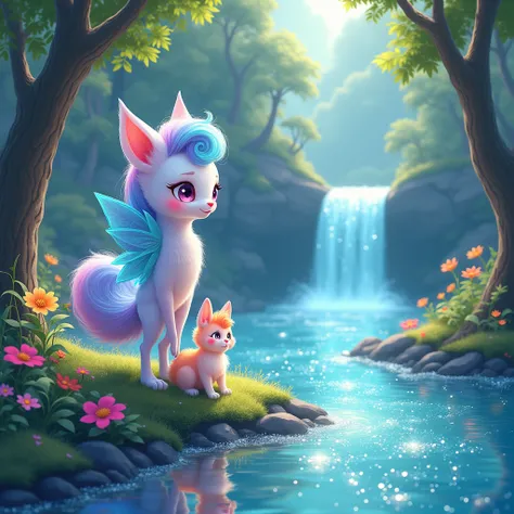 Illustration of Sparkle standing by a sparkling river with flowing blue water that sparkles like jewels. Fluffy looks a bit worried, and the lush green banks are framed by trees and flowers