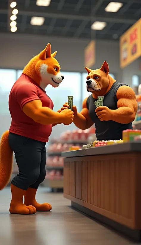 In cinematic 3D style HD image realistic image bright image. 
Character,a muscular big cat orange and white colour, wearing red t-shirt black pant.
 Character,A muscular anthropomorphic dog, resembling a bulldog, standing behind a checkout counter in a gro...