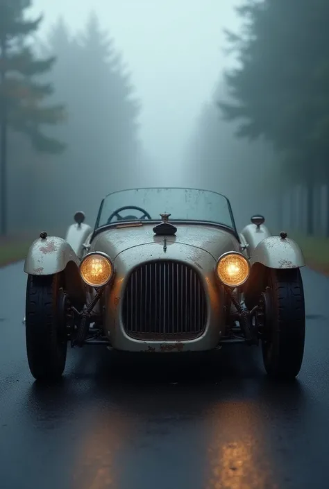 "Ultra-realistic image of a hybrid car merging a vintage, early-model vehicle with a modern electric sports car. The design combines the classic open wheel wells, large round headlights, and exposed metalwork of an antique car with the sleek, aerodynamic s...