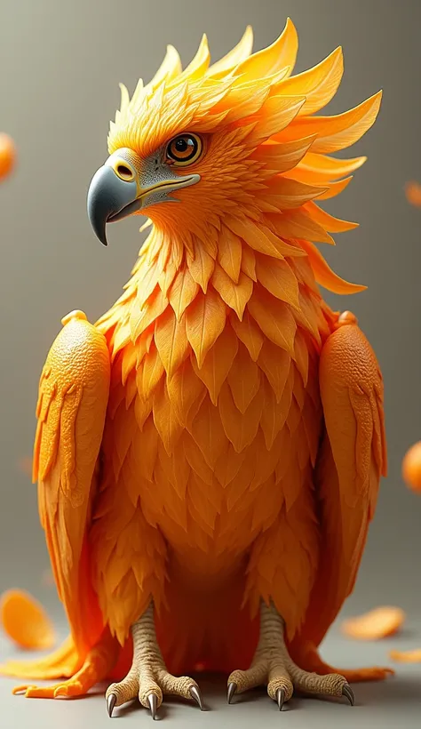 A high-resolution, hyper-realistic hybrid animal combining an eagle and an orange. The animal has the body and wings of an eagle, but parts of it are covered in the textured peel of an orange, with a vibrant orange coloration on its feathers. The eagles ey...