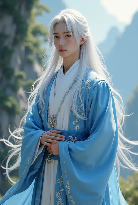  Handsome 16-year-old Japanese man , Long white hair,  wearing medieval sky blue and white clothing, embroidered with a crane 