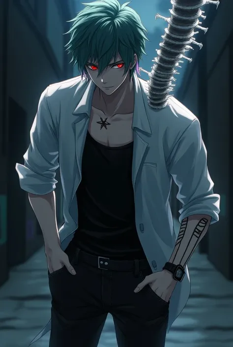 Male Teenager anime style ,solo, black undershirt, white unbutton down shirt, sinister look, black jean pants, black sneakers, teal hair, red eyes, scar around his neck, half vampire, half werewolf, half ghoul, white kagune on his back, masterpiece, best q...