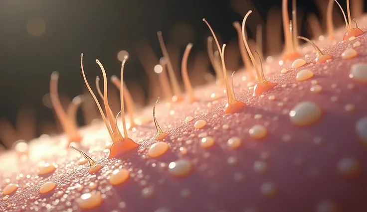 Close-up of body hair and sweat glands, with small droplets evaporating, showing the cooling effect.