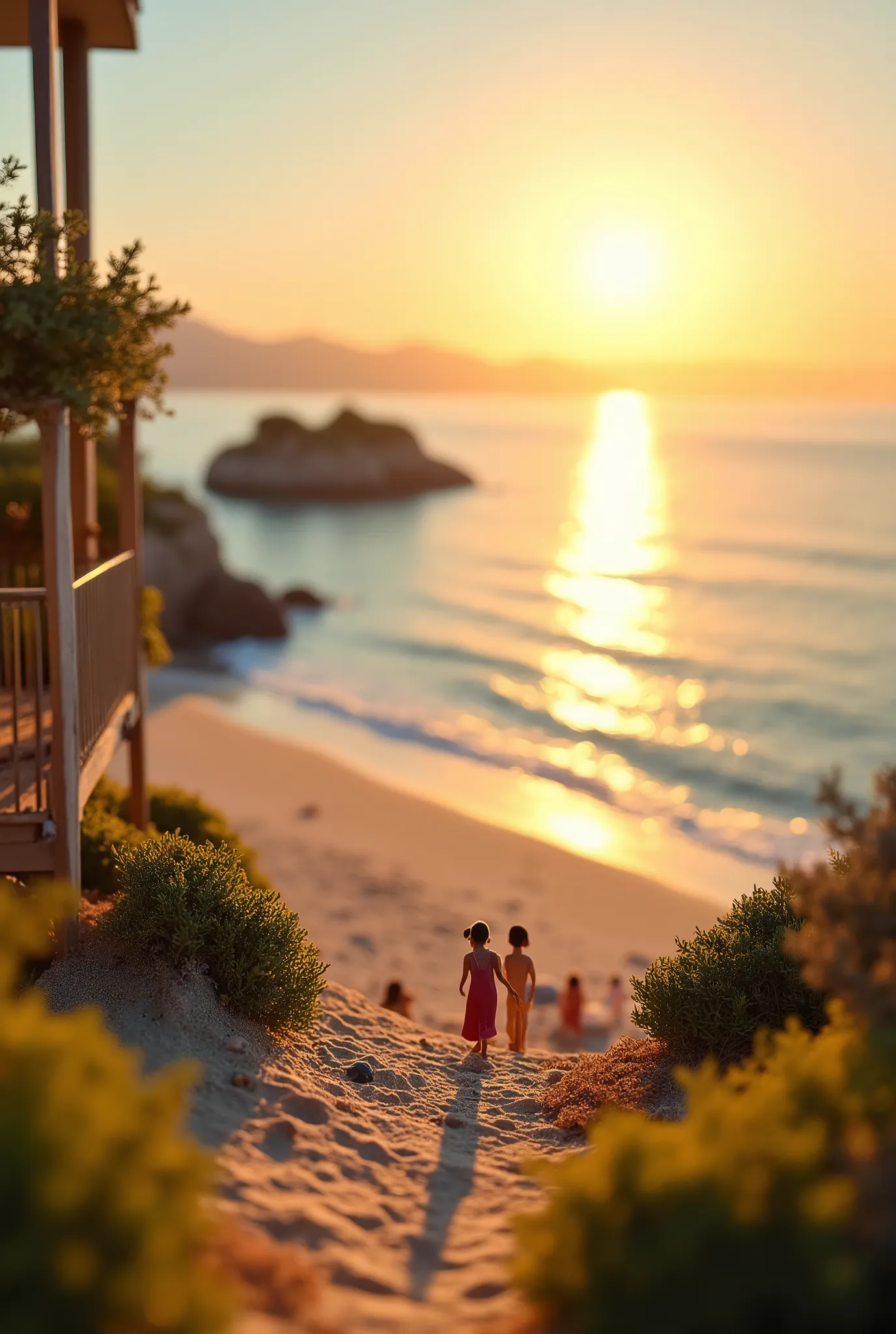 a miniature photography style scene capturing a relaxing natural landscape in the golden hour, featuring a tiny ocean view from ...