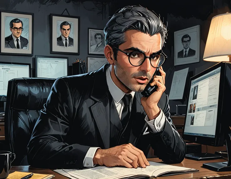 open mouth,portrait a man in a classic black suit in a dark office talking on a smartphone in front of a computer monitor, light from computer monitor, a hand with a smartphone near ear, white shirt and black tie,(gray short bob hair), round glasses, round...