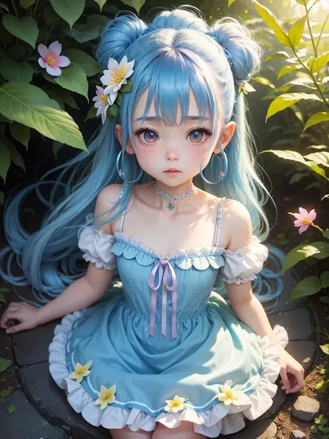 cute little fairy、Blue Hair、fluffy dress ribbon hair accessories ,  Anatomically Accurate, ,  Hoop Earrings 、 Blushing , Leaf、forest、flower、flower冠