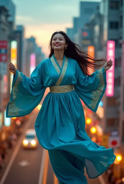 A serene Asian woman dressed in vibrant, flowing silk robes (color: cerulean blue) with intricate gold embroidery, floating gracefully in midair [Camera Shot: Crane shot with slow motion] above a bustling urban street in Tokyo at twilight [Setting: Urban +...