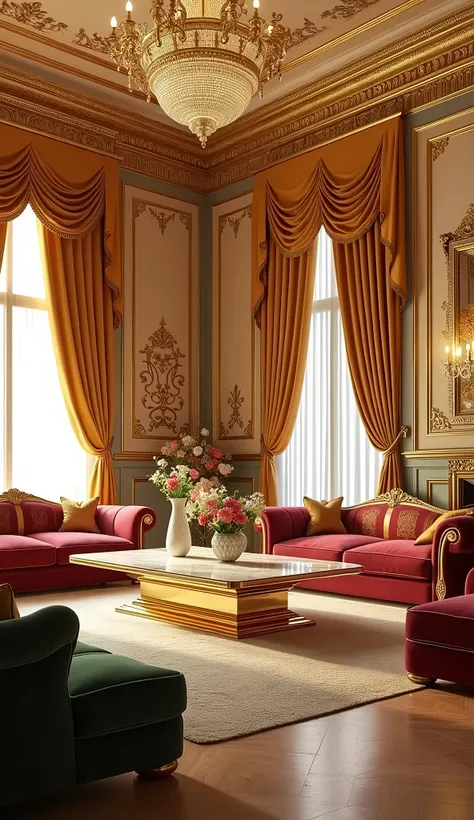 Create a breathtaking interior view of a palatial living room. The walls feature plush, golden wallpaper with embossed patterns, and the ceiling is decorated with ornate golden moldings and a grand chandelier. The furniture includes deep, velvet sofas in r...