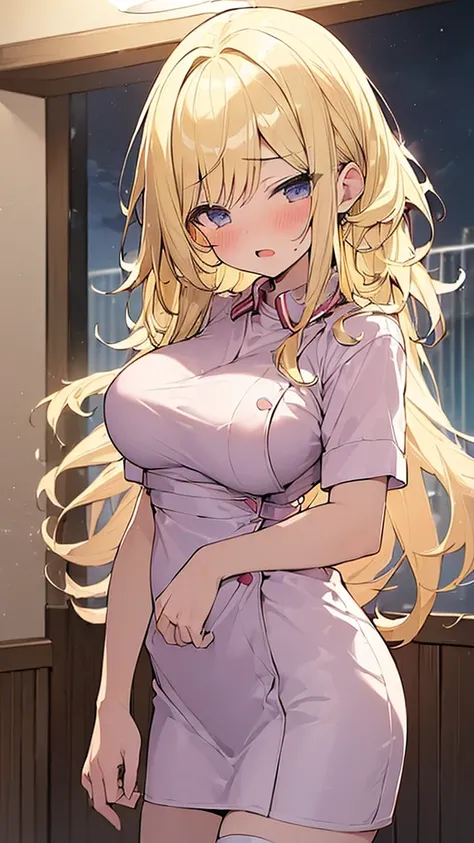 (Masterpiece, Top quality: 1.5), (at night:1.5), nsfw, 1 beautiful girl, solo, ample breasts, (nurse uniform:1.5), (blonde:1.5), (medium Hair:1.2), wavy Hair, asymmetry bangs, swept bangs, airy hair, standard weight, angry:1.1, (blush:1.3), open mouth, bea...