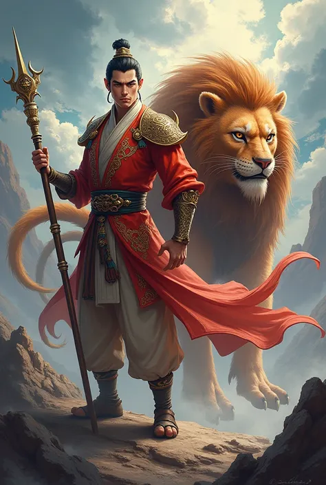 Please give me a image of lion and son wukong his face is a monkey.together so give me a image 