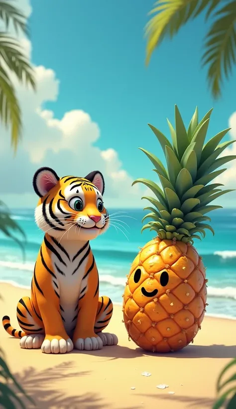 "A surreal scene on a beach where a realistic tiger and a cartoon-like pineapple with large eyes and a small smile are facing each other. The tiger has a curious expression, and the setting is colorful and whimsical with a bright blue sky, white clouds, go...