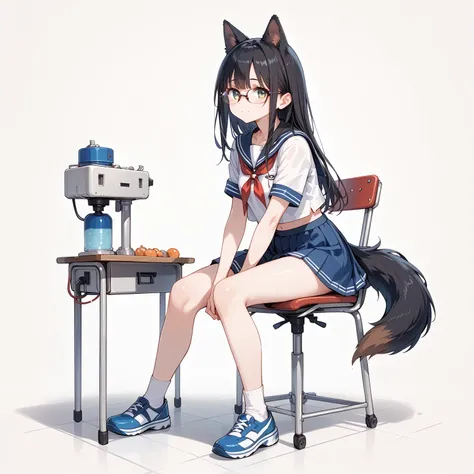 Black Hair, long hair,Glasses,Dog ears,Dog tail,Beastman. sailor suit,canteen, Sitting on a Chair ,