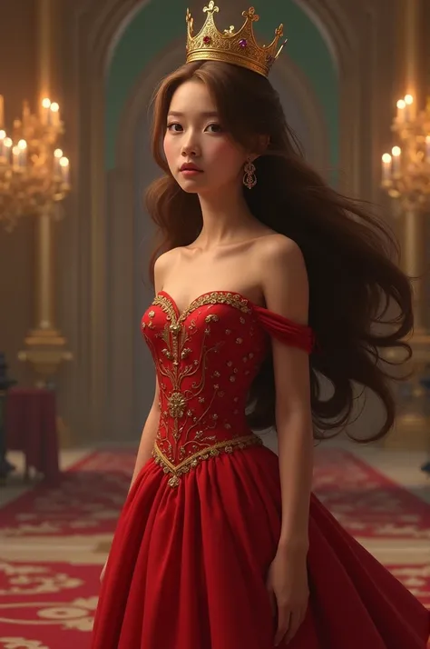 A 20-year-old princess who looked a little scared and was lost in the middle of the palace

Her brown hair is flowing down her back, the royal crown in her hair is about to fall off, she has a red dress on top