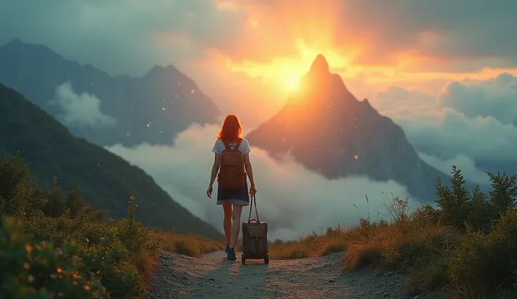 A beautiful, solitary woman in her fifties, with red hair, walks alone along a path, her back turned, leaving a heavy rucksack at the side of the path behind her, symbolizing the torments from which she is detaching herself. She walks along a winding mount...