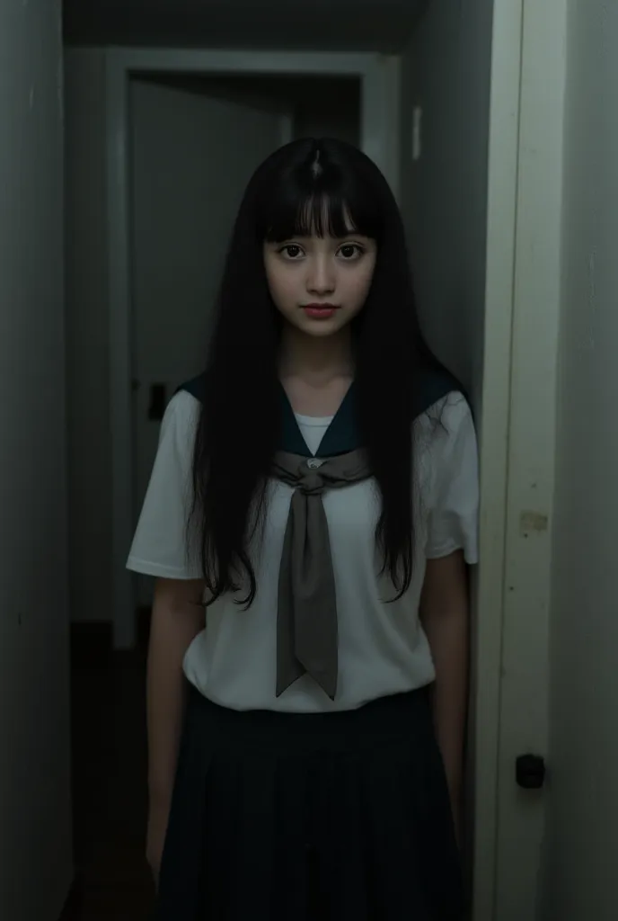 Realistic like a photo, full body, dark atmosphere, pretty female late teen, big wide eyes, wearing sailor uniform, school skirt, thin bang, black hair, very long hair, pale white skin, small lips, master piece, photorealistic, amazingly detailed face, max...