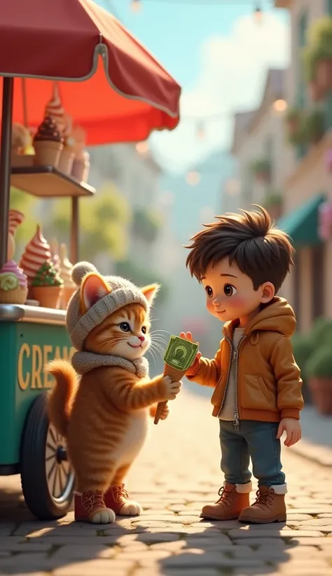 at the ice cream cart, two characters, a brown baby kitten and a handsome  boy. The baby kitten is wearing boots and a hat, giving green money to the boy while holding an ice cream.realistic