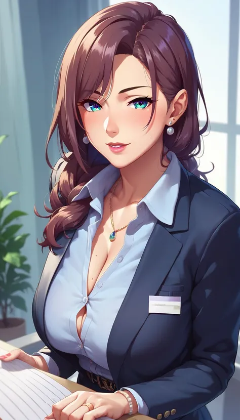 (masterpiece, best quality, ultra-detailed, high resolution, detailed eyes), {{{Takeda Hiromitsu style}}}, anime, 1girl, mature female, office lady, standing