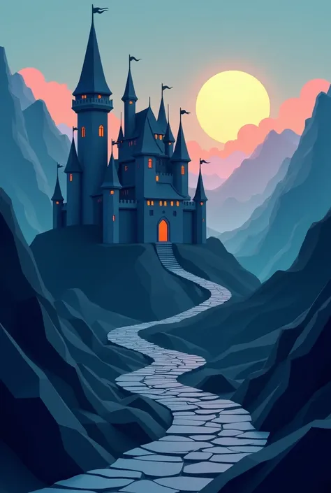 paraff castle with path,  leading to a path in the mountains , dark pastel castle background , Scary Haunted Castle ). mystical, Scary Haunted Castle )). mystical, gothic castle, shadowy castle background , dark castle background , castle on the mountain, ...