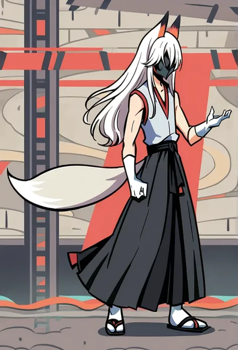 (1male, solo) faceless, mask (grey mask, red lining with two horn/)white hair, long hair, black hakama pants, fox ears, nine fox tails, grey sleeveless topped shirt with red lining, long white gloves, black japanese sandels, standing, anime style