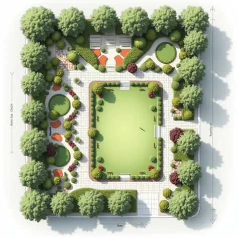 Generate tha site plan of park for rens with proper circulation and the site area is 60 meter by 25 meter 