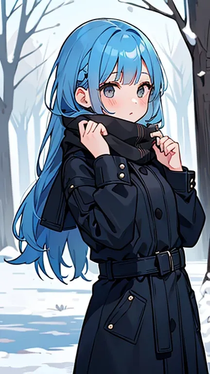 (( A girl with blue hair and black eyes)),((Im wearing winter clothes )),bangs, between heads   