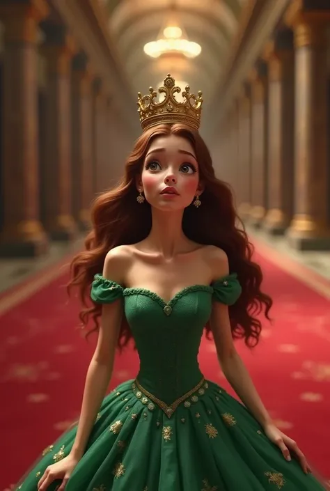 A princess about 25 years old has brown hair and is wearing a green or red dress. She has a crown on her hair but that crown is about to fall. She has an innocent and scared expression on her face.

There is a long corridor in the background, like a palace...