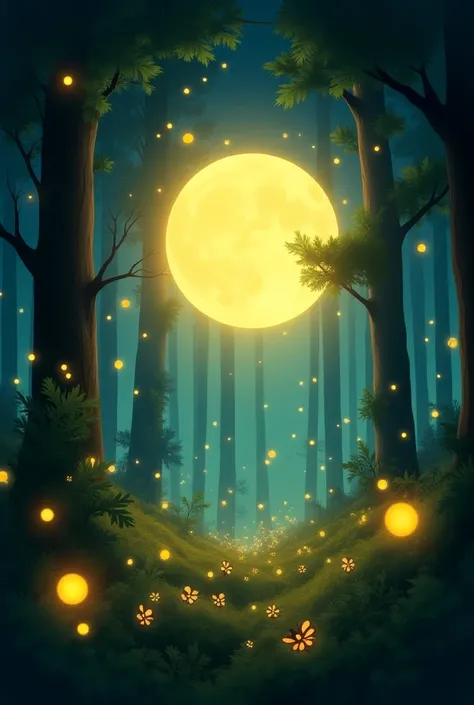  A final scene of the illuminated forest with lots of fireflies,  creating a magical view at sunrise ,  and round Moon in the center , shining. (Formato loony toons)