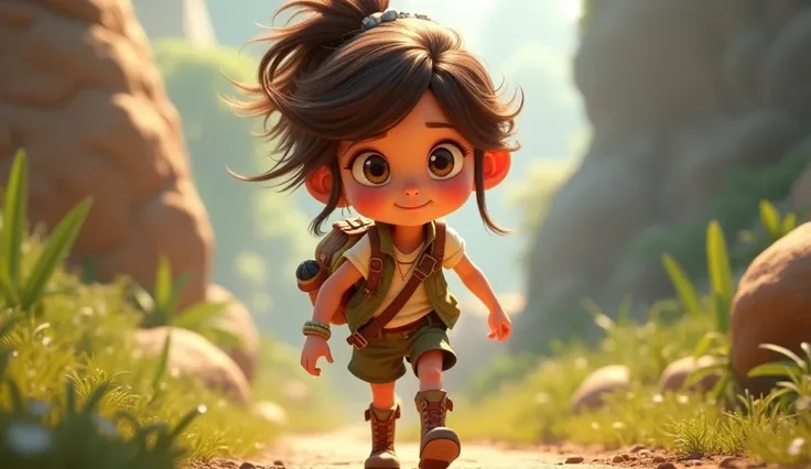 Animated image : Character 1 (Maris): A spirited girl, around 10-, with wild, tousled brown hair, big, expressive eyes, and a confident but curious smile. She should have a practical yet whimsical outfit, like a vest over a simple shirt, sturdy boots, and ...