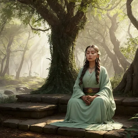 Use bright Colours and Create a highly detailed, Ultra Realistic , Ultra HD, 4k, Cinematic of "The beautiful woman steps quietly into a clearing where the sage is sitting in deep meditation. The scene captures her poised posture and soft expression as she ...