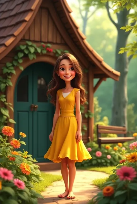 a   with wavy brown hair, wearing a yellow dress and a big smile, standing at the entrance of a cozy cottage. The house is surrounded by a colorful garden, with vibrant flowers and tall, green trees. A small swing is visible near the house. The style shoul...