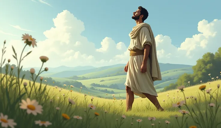 an outdoor scene,  with a Roman thinker walking through a field , looking at the sky, as if reflecting on life .  His simple dress and bucolic landscape symbolize the idea of being content with what one has.