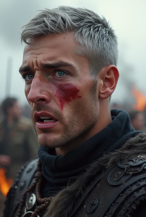  three-quarters of the profile of a 27-year-old European Nordic warrior in a burning battle scene in which he is wounded, Watch semi-profile , very thin but handsome , fine and delicate appearance ,  thin nose and a bit curved ,  a few gray hair combed bac...