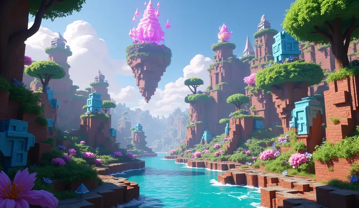 8k, highly detailed, masterpiece, ultra-detailed, volumetric lighting, studio lighting, physically based rendering, vibrant colors, lush environment, dense foliage, voxel art style, Digital Block Style, blocky terrain, floating islands, fantasy landscape, ...