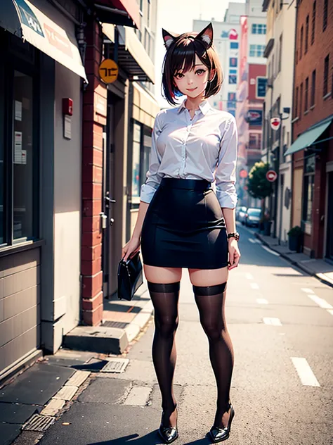 Work clothes,Outdoor,City, Knee High Stockings , 1 girl,whole body,up,front,  high resolution on down,  anatomically correct, Best Quality,  high definition model,  very detailed,  Ultra High Definition,  Textured Skin,  colorful eyes, Brown Hair Short Bob...