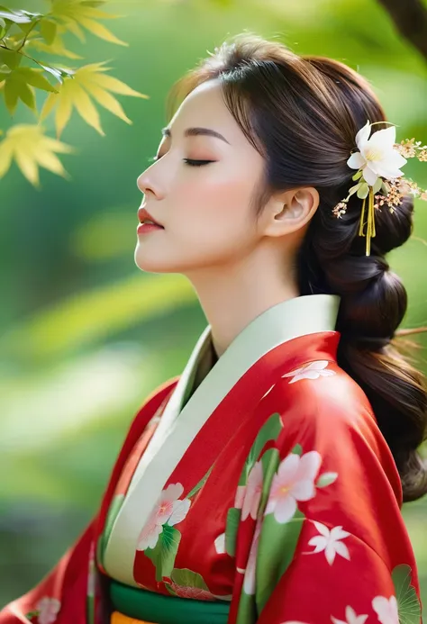 A beautiful woman dressed in traditional Japanese attire lies peacefully with her eyes closed, as if in a meditative state, surrounded by nature. Her vibrant red kimono stands out against the serene green background, while a gentle breeze softly moves her ...