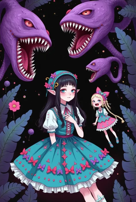 A elf girl with big eyes is wearing a rolls princess costume and playing with a marionette. With a a lot of dark purple gaping mouth of a man-eating flowers in the background, it creates a circus atmosphere.water color illustration, black-haired blue-eyed ...